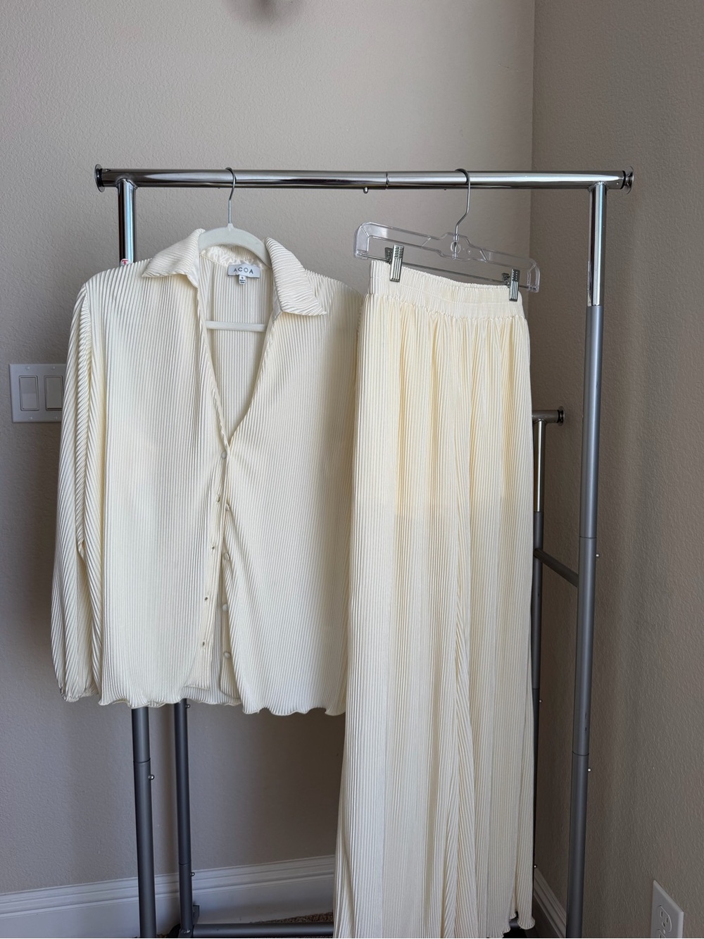 Acne Cream Pleated Button-Front Top with Matching Wide-Leg Skirt